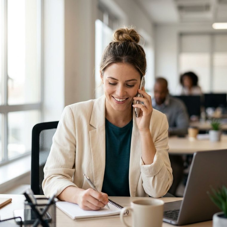 Consulente al telefono che prende appunti in un ufficio luminoso