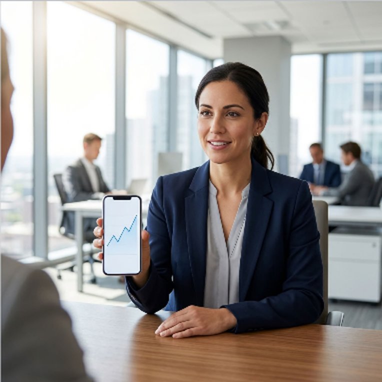 Consulente che mostra sullo smartphone un grafico in crescita a un cliente in ufficio